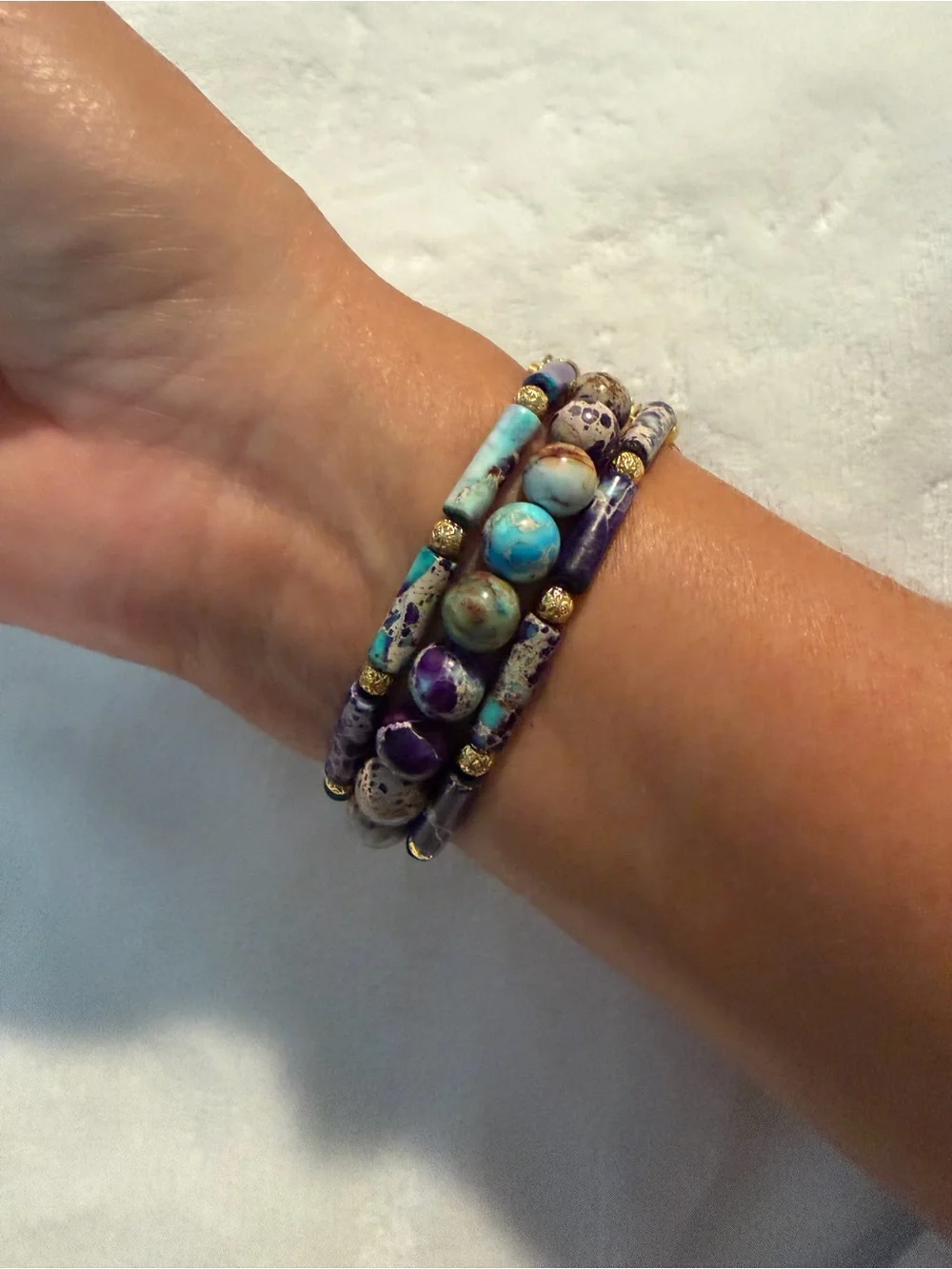 Cape Diablo Purple and Turquoise Triple-Strand Beaded Bracelet with Gold Accents